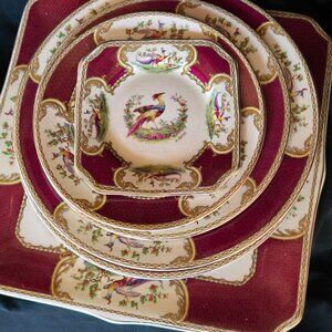 Royal Myotts Crown Staffordshire China Dinnerware Set Burgundy & Cream Pheasant